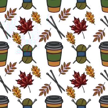 Autumn pattern with coffee and yarn vector