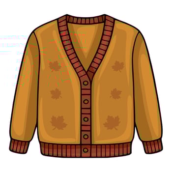 A illustration of a cozy autumnal cardigan sweater featuring a unique design of scattered maple leaves and contrasting red and orange color scheme. vector