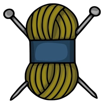 A whimsical illustration of a ball of olive green yarn with two knitting needles crossed behind it, featuring a dark blue label, perfect for crafting projects or textile designs. vector