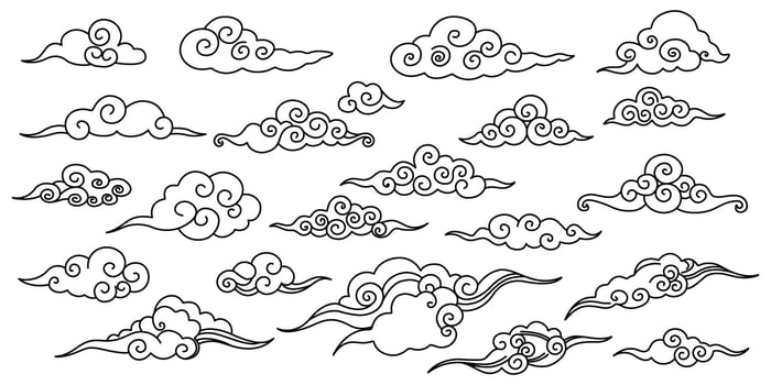 Asian cloud set. Collection of oriental clouds. clip arts in oriental chinese, japanese, korean style. Line hand drawn illustration isolated on white background vector