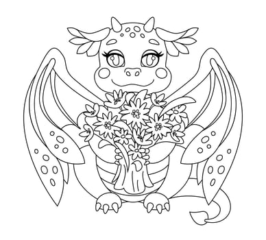 Fairytale dragon with flowers. Coloring page for kids, vector