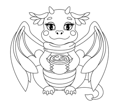 Cozy autumn dragon coloring page for kids, vector