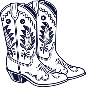 Stylish Cowboy Boots art Illustration Design with Decorative Western Patterns for Tattoo Art and Coloring Books vector