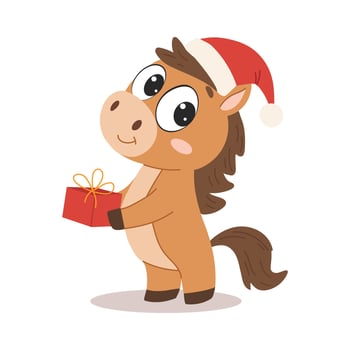 Cute little horse in santa hat with christmas gift vector
