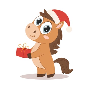 Cute horse in santa hat with christmas gift. illustration vector