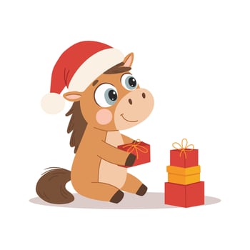 Cute little horse in santa hat with christmas gift. vector