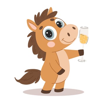 Cute cartoon horse with a glass of champagne. Symbol of the year. illustration in a childlike style vector