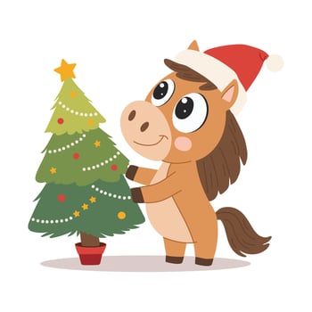 Cute horse in santa hat with christmas tree. A cute symbol of 2026. vector