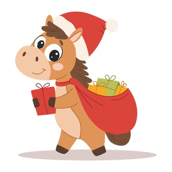 Horse in santa hat with a bag of gifts. A cute symbol of 2026. A set of flat illustrations vector