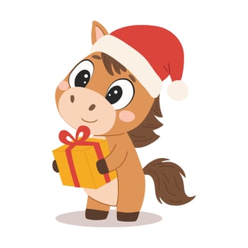 A cartoon horse wearing a red Santa hat with a white pom-pom sits upright, holding a gift. vector