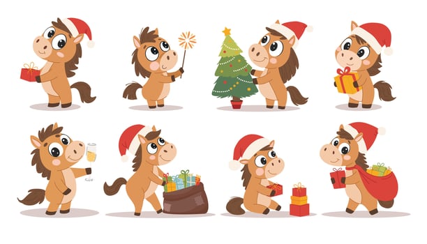 Cartoon horses with Christmas gifts vector
