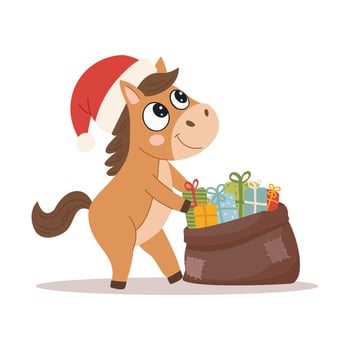 Horse in santa hat with a bag of gifts. A cute symbol of 2026. A set of flat illustrations in a simple children's style. vector