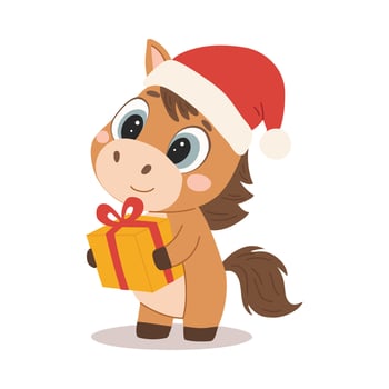 A cartoon horse wearing a red Santa hat with a white pom-pom sits upright, holding a wrapped red gift. vector
