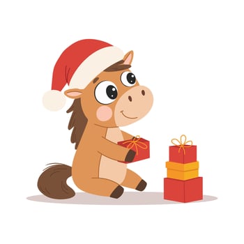 Cute little horse in santa hat with christmas gift. illustration vector