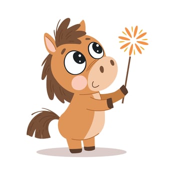 Cute cartoon horse with magic wand. Symbol of the year. illustration in a childlike style on a white background vector