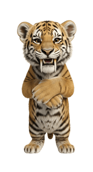 3d illustration of fierce baby tiger standing upright with crossed paws and open mouth png