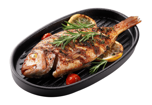 Grilled Fish on Sizzling Plate Isolated on Transparent Background png