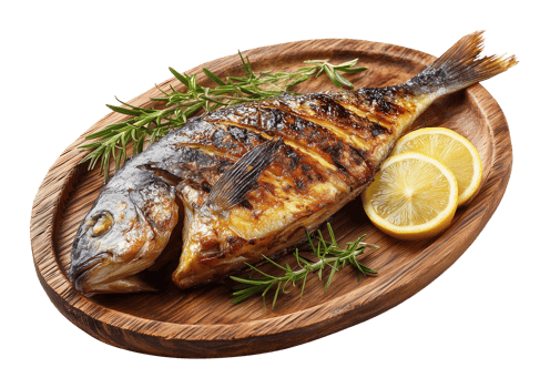 Grilled Fish on Wooden Plate Isolated on Transparent Background png