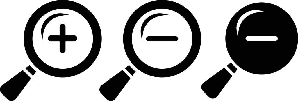 Search icon set. zoom in and zoom out sign, Magnifier glasses symbol, magnifier with plus and minus illustration, vector