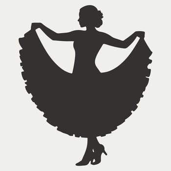 Silhouette of a woman standing in a dress holding her skirt while dancing gracefully vector