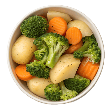 Steamed vegetables in bowls - broccoli, carrots and potatoes, healthy meal isolated on transparent background png