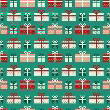 Christmas coloured Gift Boxes with tied Bows and polka dot Ornament Seamless Pattern. Xmas Presents red green Background for fabric Print, Wrapping Paper vector