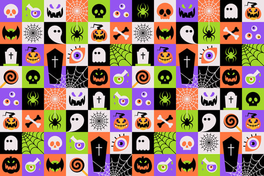 Happy Halloween seamless pattern on colorful checkered background. vector