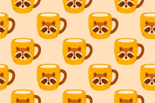 Seamless pattern with raccoon mugs on light beige background vector