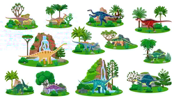 Cartoon dinosaurs in a natural setting vector