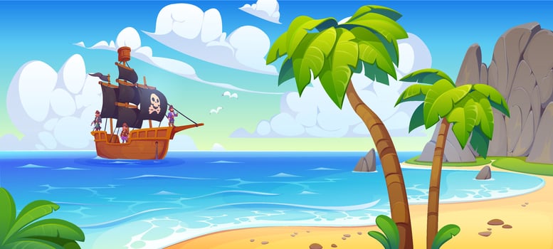 Pirate ship on tropical beach vector