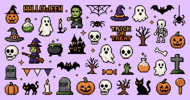 Halloween pixel art decoration collage vector