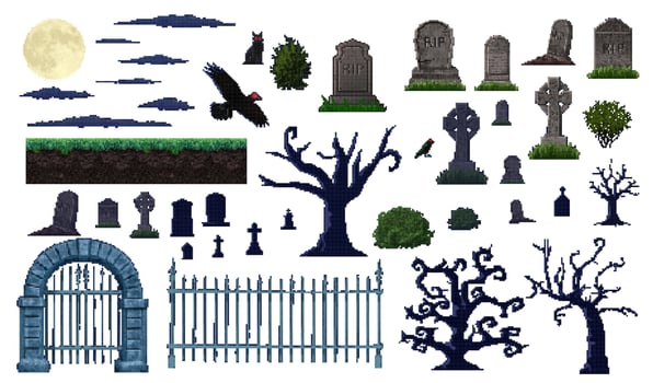 Halloween-themed pixel art graphics collection vector