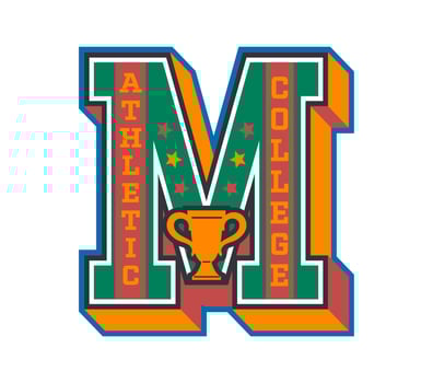 Varsity sport patch label featuring bold letter M vector