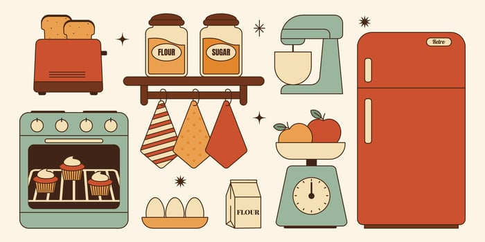 Retro kitchen baking cooking sticker set.Refrigerator, oven,mixer,toaster,jars of flour,sugar and more 50s style. illustration for nostalgic cooking theme,home kitchen decor,recipe illustration vector