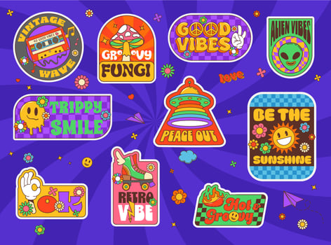 Colorful retro-themed stickers collection vector