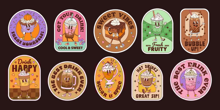 Colorful drink-themed sticker collection vector