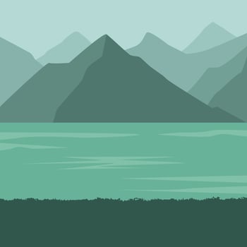 Landscape features mountains water and foliage rendered in shades of green. vector