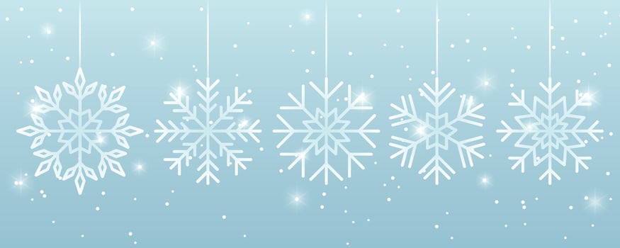 Hanging snowflakes on light blue background, winter decoration. Christmas New Year banner, vector