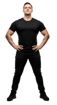 A man in black t - shirt and pants standing with his hands on his hips png