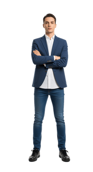 A man in a blue suit and jeans standing with his arms crossed png