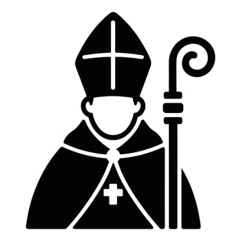 Black and white illustration of a bishop with mitre and crosier representing religious authority and tradition for editorial and design purposes vector