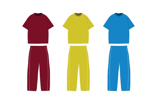 four different colored t - shirts and pants vector