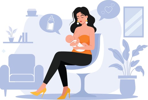 Woman breastfeeding her baby while sitting on a chair, thinking of love and a bottle. vector