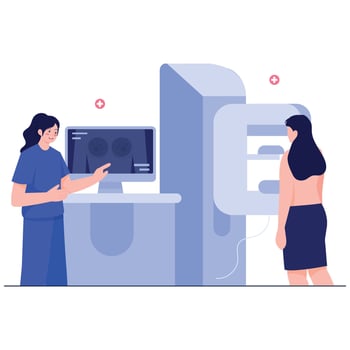 A medical staff assists a female patient during a mammogram screening procedure with breast imaging equipment. vector