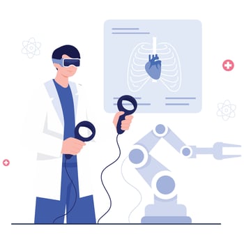 A doctor uses virtual reality equipment and robotic arms for advanced medical visualization and simulation. vector