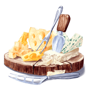Still life painted in watercolor with cheese and dishes on a wooden board made from a tree trunk png
