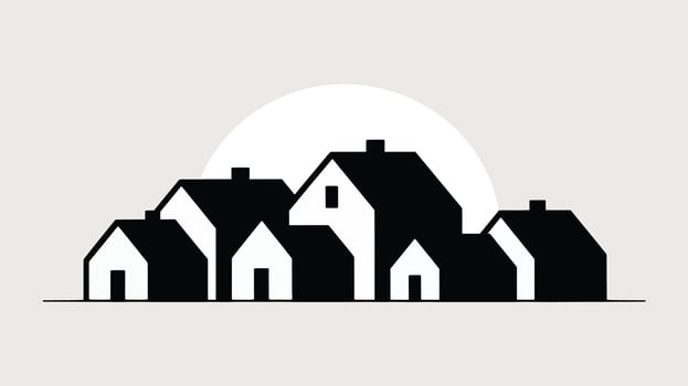 a black and white silhouette of a house with a sun in the background vector
