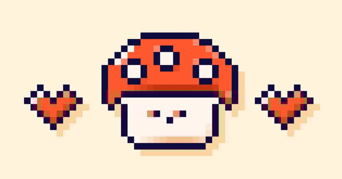 Pixel art cute fly agaric mushroom and two red hearts. vector