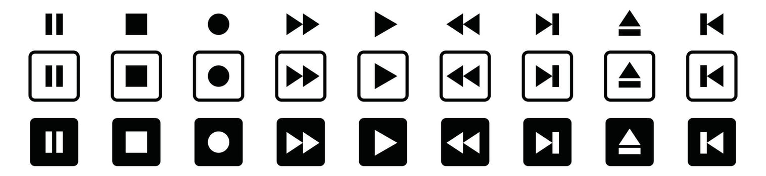 Play button icons symbol. Music media player. Contains pause, stop, record, speed up, next, previous, replay, shuffle, multimedia, control. Illustration vector