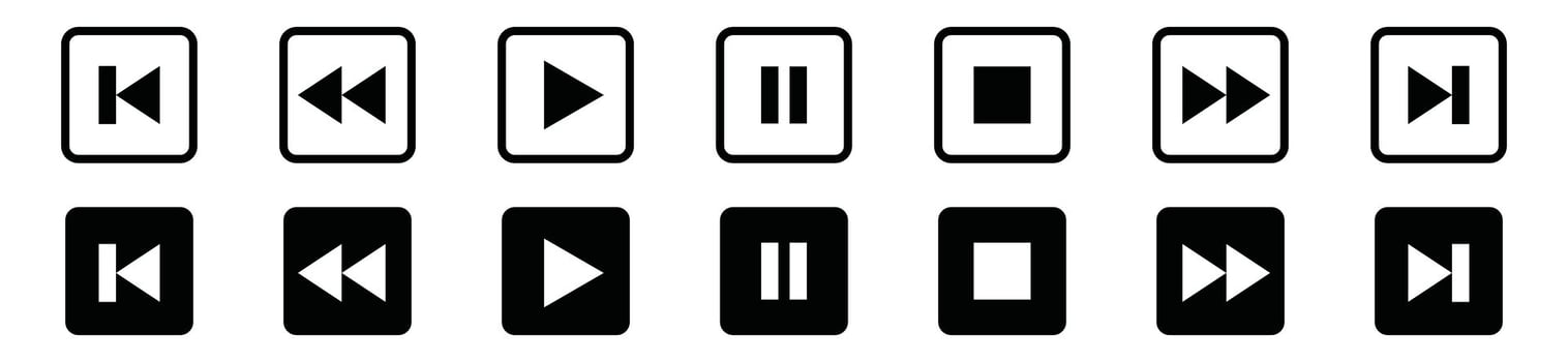 Play button icons. Music media player symbol. Contains pause, stop, record, speed up, next, previous, replay, shuffle, multimedia, control. Illustration vector